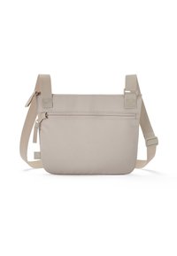 Bežová kabelka přes rameno s nastavitelným popruhem, hladká textilie, přední kapsa na zip, minimalistický design a detail loga na boku.