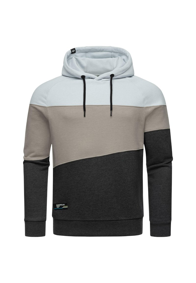 Hanorac cu glugă în nuanțe de albastru deschis, bej și gri cărbune. Prezintă un design colorat, șnururi ajustabile și un material texturat.