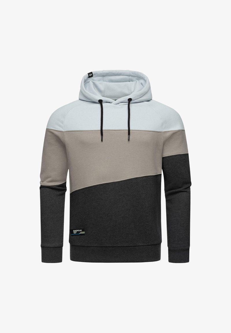 Hanorac cu glugă în nuanțe de albastru deschis, bej și gri cărbune. Prezintă un design colorat, șnururi ajustabile și un material texturat.