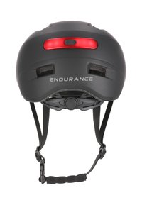 Sort cykelhjelm med mat finish, bageste rødt lys, justerbar rem, ventilationshuller og "ENDURANCE" branding.