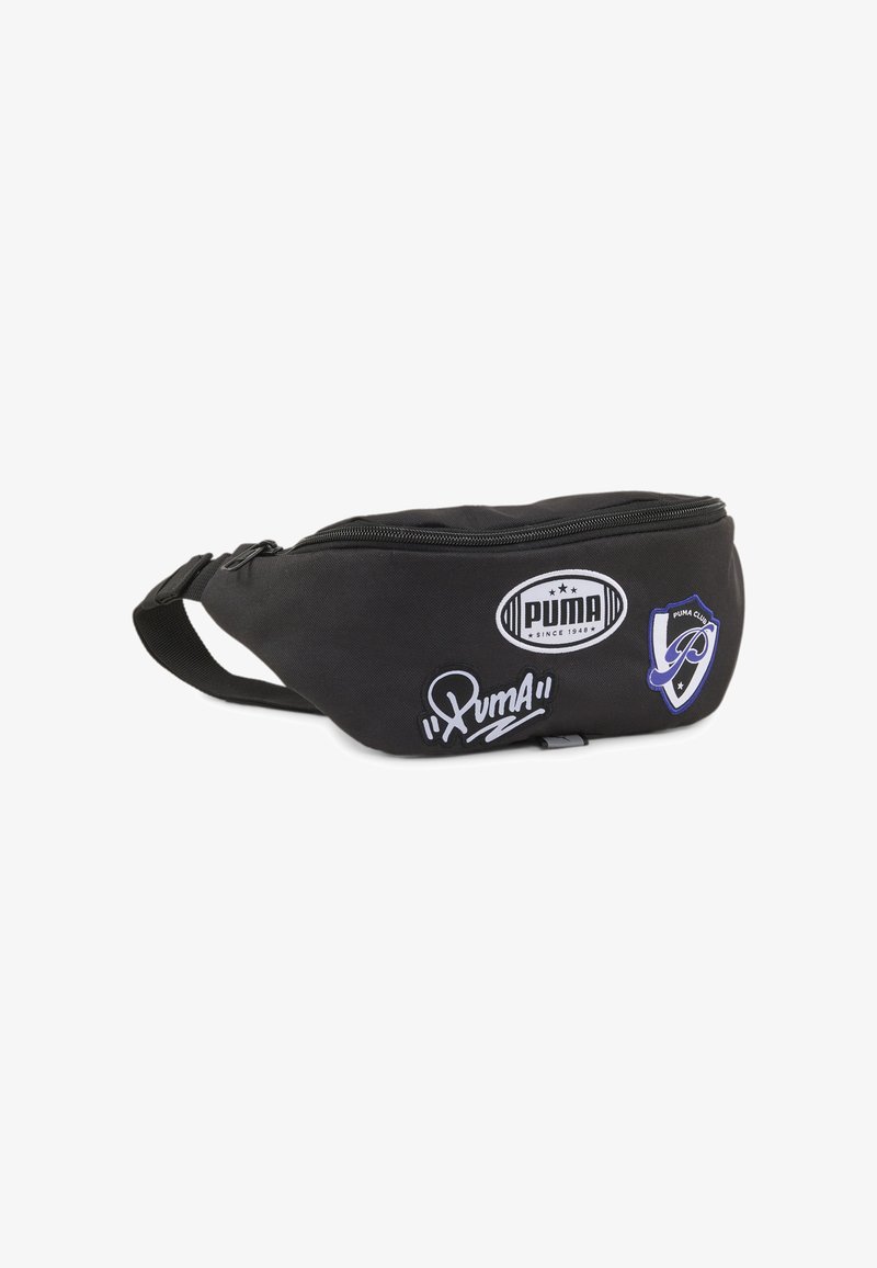 Black fabric waist bag with zipper closure, featuring white and purple branded patches and a shoulder strap for adjustable fit.