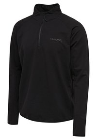 Pullover nero a mezza zip realizzato in materiale leggero, con maniche lunghe e un piccolo logo sul petto. Texture liscia, design minimalista.