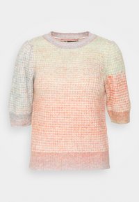 Maglione lavorato a maglia in colori pastello, con un motivo testurizzato, maniche corte a sbuffo e scollo rotondo. Tessuto morbido e leggero.