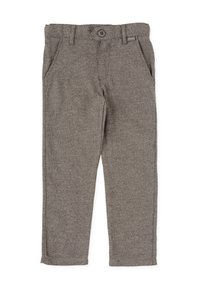 Pantalones de diseño de pata de gallo en gris, confeccionados con tejido de punto; cuentan con trabillas para cinturón, cierre de botón y dos bolsillos laterales.