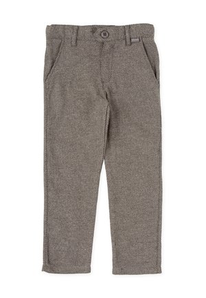 Pantalones de diseño de pata de gallo en gris, confeccionados con tejido de punto; cuentan con trabillas para cinturón, cierre de botón y dos bolsillos laterales.