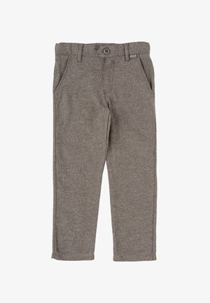 Pantalones de diseño de pata de gallo en gris, confeccionados con tejido de punto; cuentan con trabillas para cinturón, cierre de botón y dos bolsillos laterales.