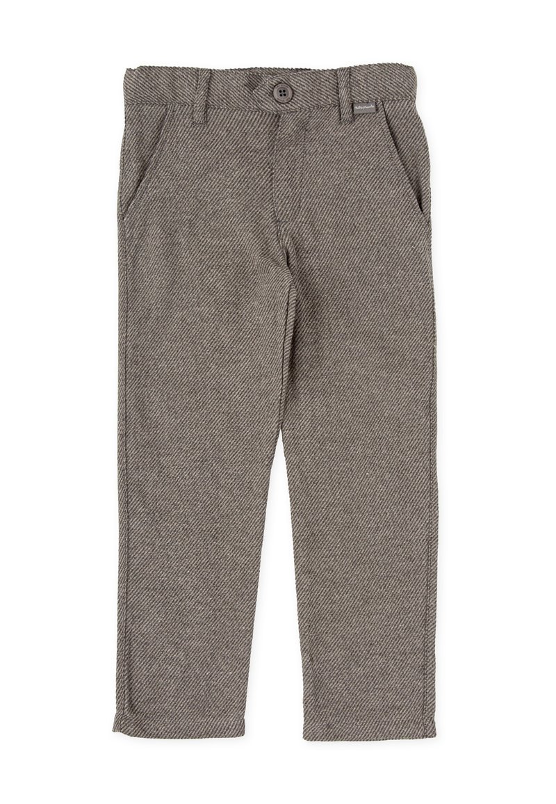 Pantalones de diseño de pata de gallo en gris, confeccionados con tejido de punto; cuentan con trabillas para cinturón, cierre de botón y dos bolsillos laterales.