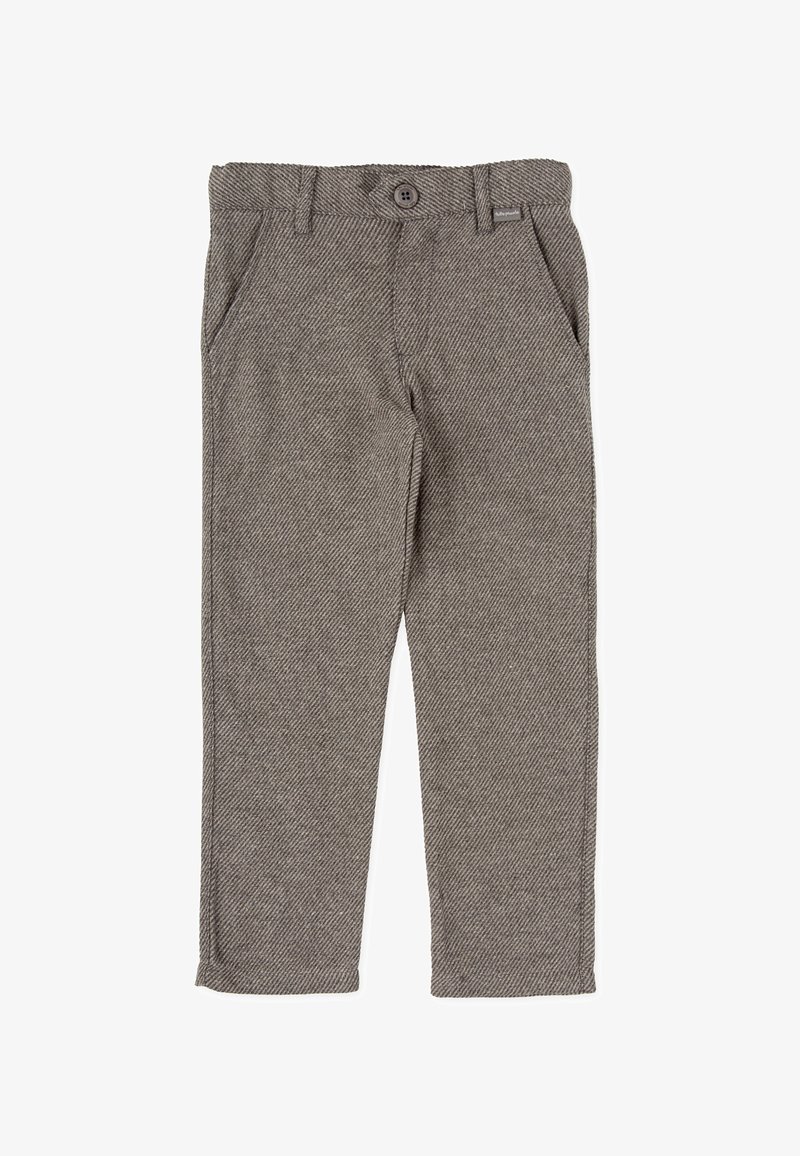 Pantalones de diseño de pata de gallo en gris, confeccionados con tejido de punto; cuentan con trabillas para cinturón, cierre de botón y dos bolsillos laterales.