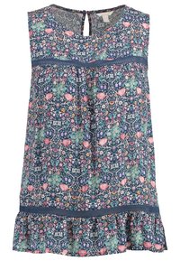 Robe sans manches à motif floral sur fond bleu, fleurs multicolores, encolure ronde, dos goutte d'eau et détail volanté à l'ourlet.