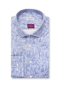 Chemise habillée bleu clair à motif paisley, dotée d'un col classique, de manches avec poignets et de boutons blancs. Confectionnée en tissu Liberty.