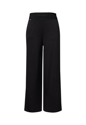 Pantalon noir à jambes larges avec ceinture élastique, sans poches visibles ni motifs, présenté sur fond blanc.