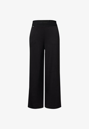Pantalon noir à jambes larges avec ceinture élastique, sans poches visibles ni motifs, présenté sur fond blanc.