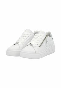 White sneakers with a platform sole, featuring a smooth finish, lace-up design, side zip, perforated accents, and a textured outsole.