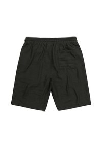 Black casual shorts with elastic waistband and single back pocket, made from textured fabric.