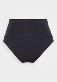 High-waisted black bikini bottom made of smooth fabric, featuring a thick waistband and seamless edges for comfort and coverage.