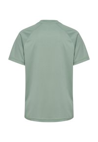 Enkel lysegrøn T-shirt med korte ærmer, vist bagfra med rund halsudskæring og raglanærmer.