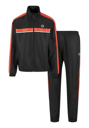 Trening negru din material sintetic neted, cu dungi îndrăznețe portocalii și albe pe jachetă și pantaloni. Manșete �și talie elastică.