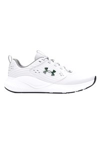Bijele atletske tenisice s teksturiranim gornjim dijelom, zelenim logotipom Under Armour, mekanim potplatom i crnim naglascima na potplatu.