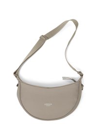 Beige shoulder bag with a rounded shape, made of soft fabric. Features a logo and adjustable strap for customization. Zipper closure at the top.