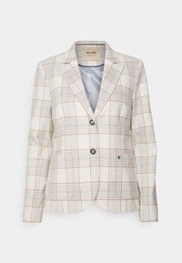Blazer à carreaux crème avec motif en tartan bleu clair, marron et gris. Comprend deux boutons et des revers épurés. Texture douce.