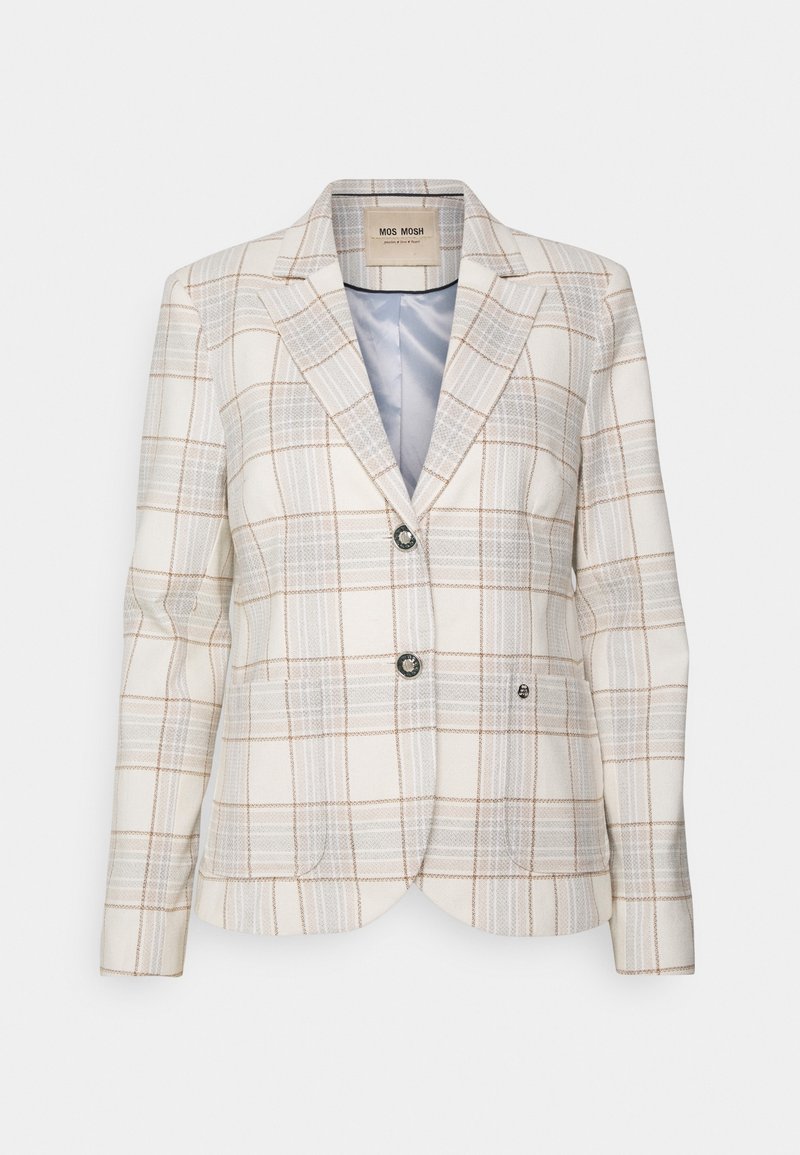 Blazer à carreaux crème avec motif en tartan bleu clair, marron et gris. Comprend deux boutons et des revers épurés. Texture douce.