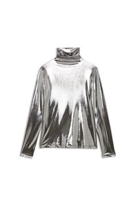 Silberne, metallische Langarm-Turtleneck-Oberteil mit einer glatten, glänzenden Textur und enganliegendem Design. Verfügt über einen hohen Kragen und lange Ärmel.