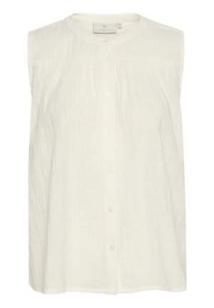 Blouse blanche sans manches en tissu texturé, dotée d'un col rond et d'une fermeture à boutons, avec une silhouette évasée et de subtils plis.