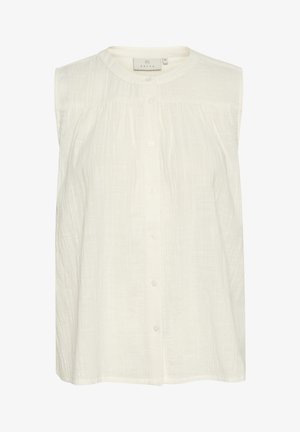 Valge, ilma varrukateta pluus tekstureeritud kangast, millel on ümmargune krae ja nööbikinnitus, flared siluett ja diskreetsed voldid.