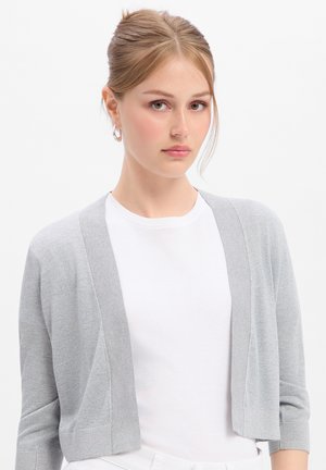 Junge Frau mit hellbraunen Haaren zu einem Dutt gebunden, trägt silberne Creolen, eine graue offene Strickjacke und ein weißes T-Shirt vor weißem Hintergrund.