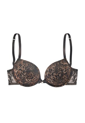 Leopard-Print gepolsterter BH mit schwarzem Spitzenband, verstellbaren Trägern und dekorativer Frontbeschläge. Glatte Textur und strukturierte Form.