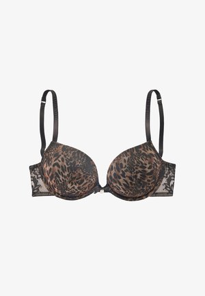 Leopard-Print gepolsterter BH mit schwarzem Spitzenband, verstellbaren Trägern und dekorativer Frontbeschläge. Glatte Textur und strukturierte Form.