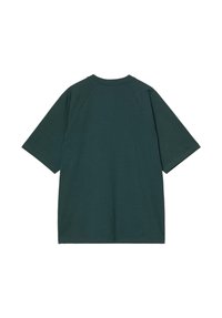 Ciemnozielony T-shirt z krótkim rękawem o luźnym kroju i raglanowych rękawach. Miękka tkanina i prosty design, z okrągłym dekoltem i prostym dołem.