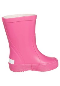 Botte de pluie en caoutchouc rose avec une semelle texturée, finition lisse et doublure intérieure. Présente un accent blanc sur le côté près du haut.
