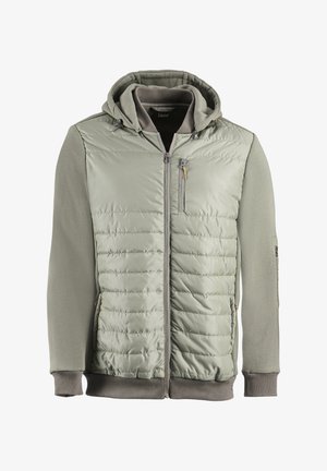 Hellgrüne, gepolsterte Jacke mit Kapuze, Reißverschluss vorne, kontrastierenden Fleeceärmeln und -bündchen. Verfügt über eine Brusttasche und einen strukturierten Stoff.