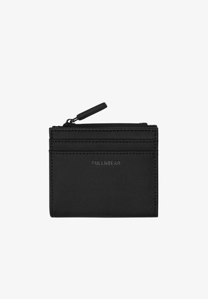 Black compact wallet with a zipper pocket, card slots, and "PULL&BEAR" embossed on the front center.