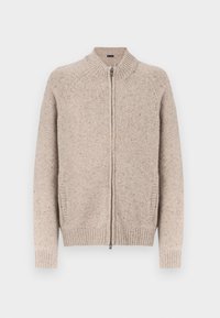 Beež kootud kardigan kõrge krae, tõmbluku, soonikuga varrukate ja äärega, millel on tekstureeritud kangas, mille sees on täpiline muster.