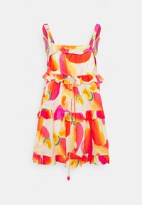 Robe à motifs floraux avec des volants, taille réglable avec lien, et bretelles spaghetti. Présente des couleurs vives de rose, orange et jaune.