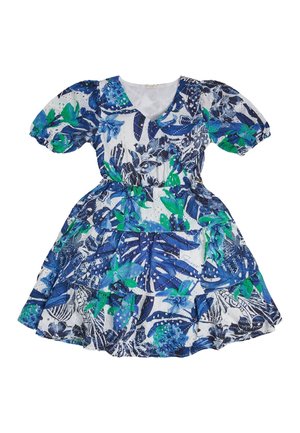 Blau-grünes Blumenkleid mit Puffärmeln, V-Ausschnitt, Stufenrock und leichtem Stoff mit tropischem Blattmuster.