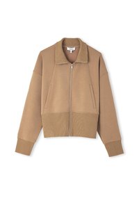 Felpa cropped con zip in tessuto marrone chiaro, con colletto e polsini a coste, dotata di due tasche frontali e una texture liscia.