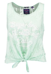 Top corto senza maniche verde menta con stampa di palme, nodo anteriore e testo bianco che recita "Superdry Venice Beach Cali."