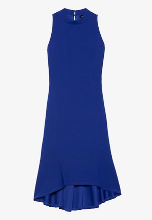 Robe sans manches bleue au design ajusté avec un ourlet évasé. Fabriquée en tissu lisse, avec une fermeture éclair au dos.