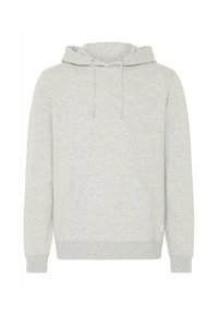 Sudadera gris de tela suave con un bolsillo tipo canguro en la parte frontal, capucha con cordón y puños y dobladillo acanalados. Presenta una sutil textura melange.