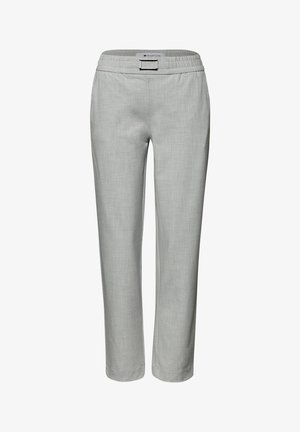 Pantaloni grigio chiaro a gamba dritta con vita elasticizzata e piccolo dettaglio a fibbia rettangolare al centro davanti.