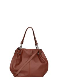 Sac à main en cuir marron avec une forme douce et arrondie, double poignée et une bandoulière amovible. Il présente des ferrures argentées et un design froncé.