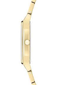Orologio in metallo dorato con cassa sottile, forma rettangolare, dettagli argentati e una corona rotonda sul lato. Finitura liscia e lucida.