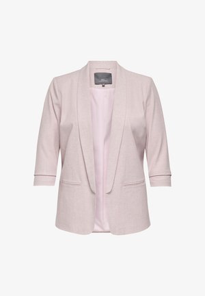 Jasnoróżowy żakiet wykonany z teksturowanej tkaniny, z kołnierzem typu szal, otwartym przodem i dwoma kieszeniami z przodu. Rękawy o długości do połowy przedramienia.