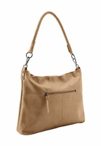 Tan leren schoudertas, zachte textuur, rechthoekige vorm,afneembare schouderband met gevlochten detail, voorvak met rits, minimalistisch ontwerp.