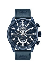 Orologio cronografo blu scuro con quadrante texturizzato, accenti argentati e cinturino in pelle con logo ad albero. Mostra il doppio fuso orario con diversi sub-quadranti.
