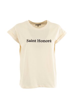 T-shirt in cotone color crema con maniche corte arrotolate e la scritta "Saint Honoré" stampata in grassetto nero sul davanti.
