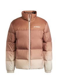Puffer jacket in gradient shades of brown, featuring a high collar, zip closure, elastic cuffs, and a logo on the chest. Smooth fabric.